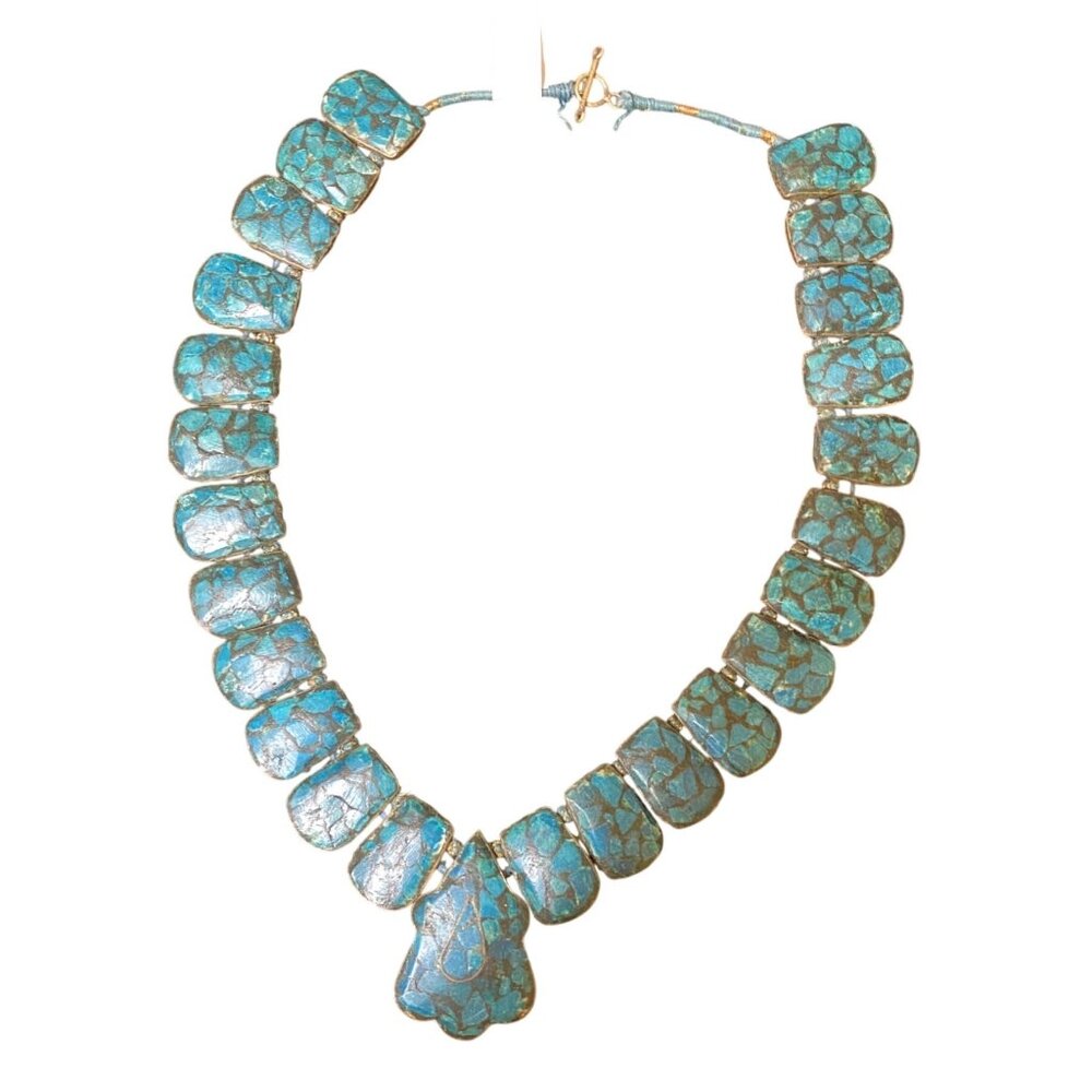 Vintage Blue Mosaic Stone Necklace With Toggle Clasp